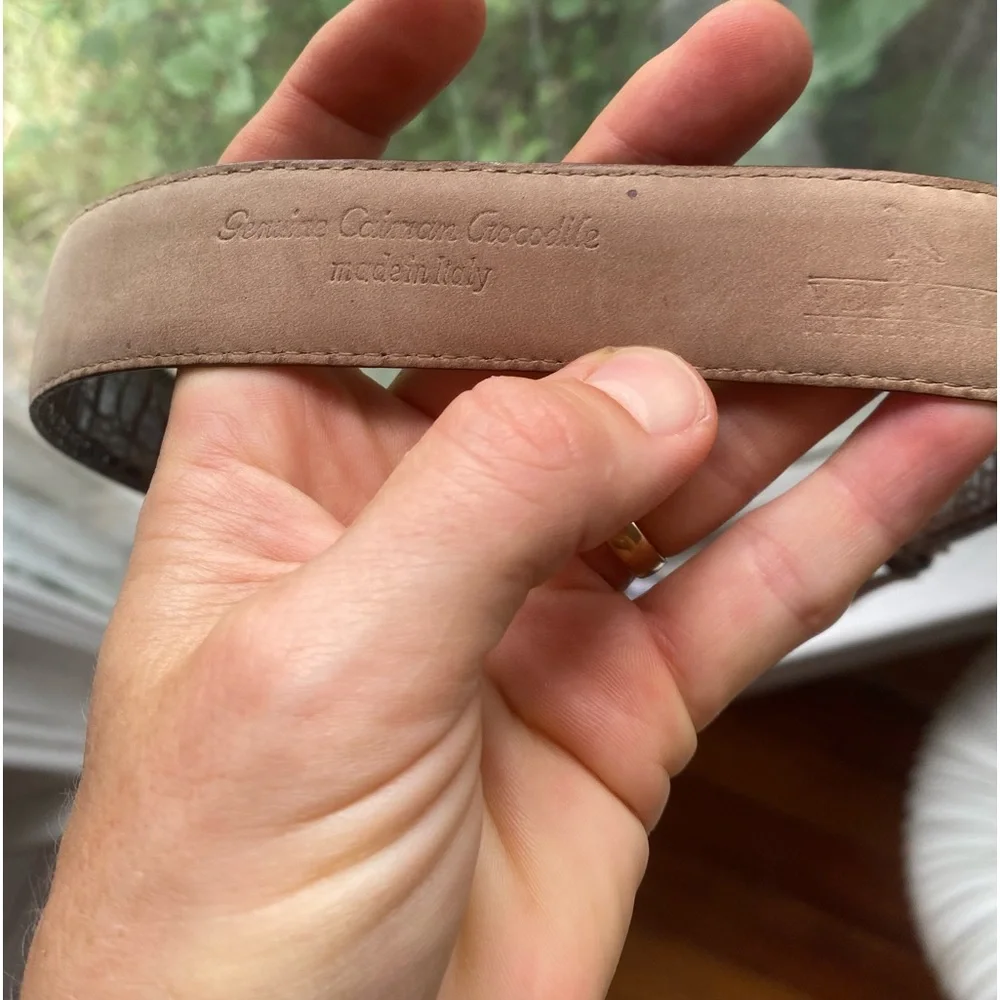 De Vecchi Brown Crocodile Leather Belt with Brass Buckle made in Italy